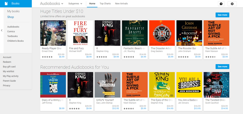This is what the Play Store’s audiobook section looks like on a desktop right now (Image: Sam Rutherford/Gizmodo)